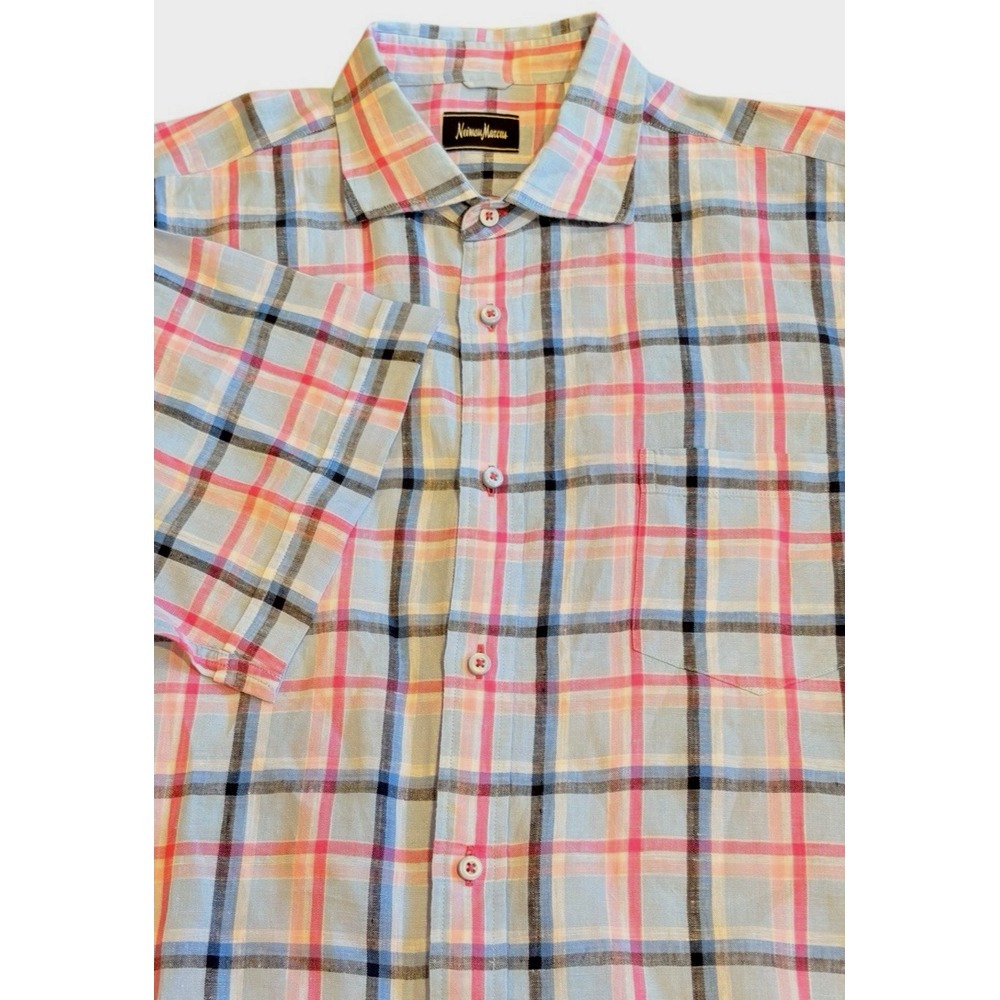 Neiman Marcus Mens Linen Shirt Button‎ Up Large Short Sleeve Plaid